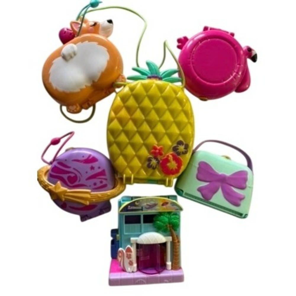 Polly Pocket Compacts 6pc‎ Bundle Pineapple Flamingo Corgi Saturn